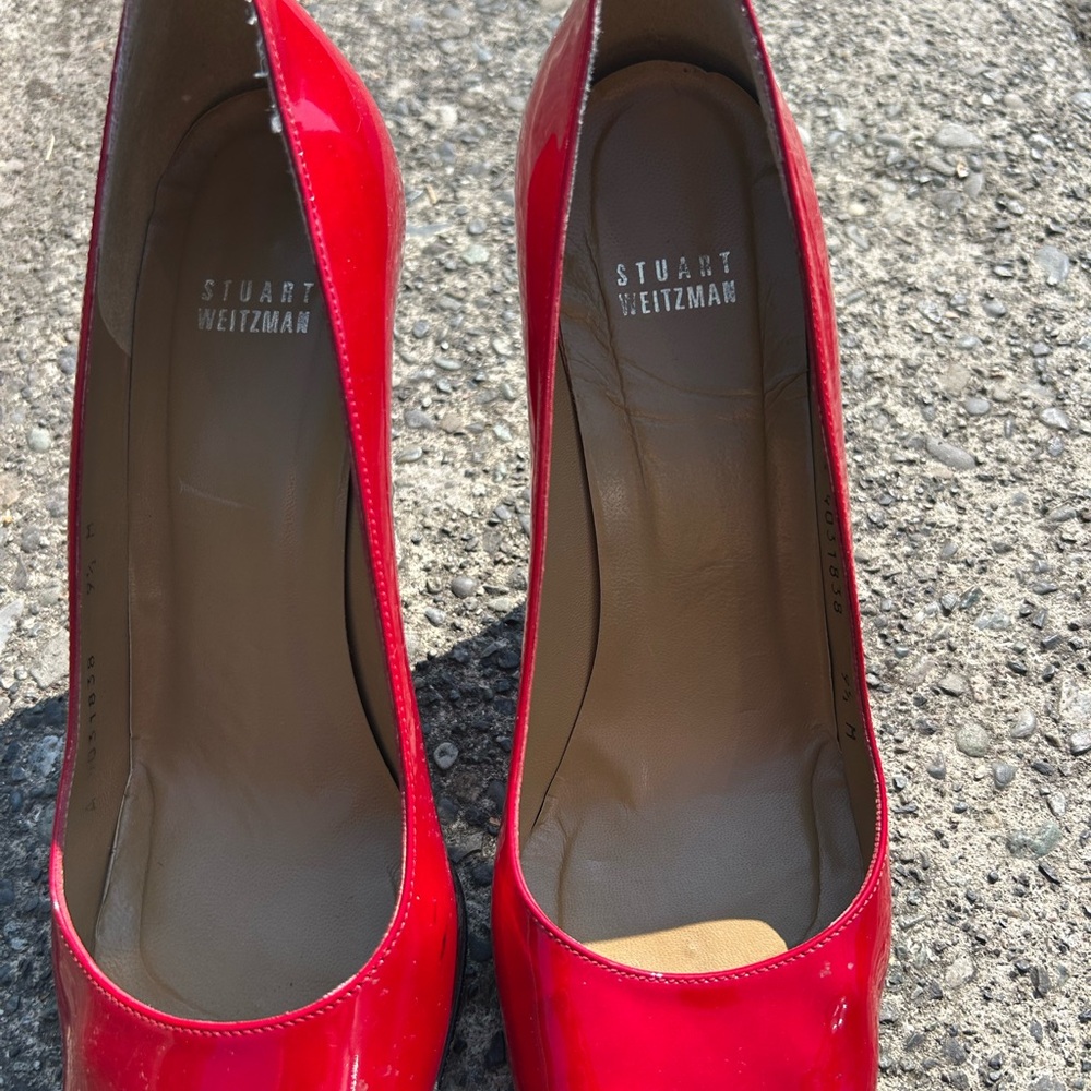 Stuart Weitzman Vibrant Red Peep Toe Heels - Picture 2 of 14